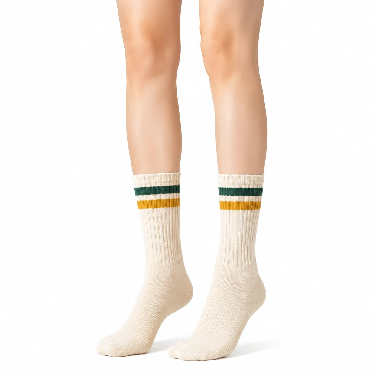Chaussettes 43-46 en maille écru à rayures vertes et jaunes style sportif