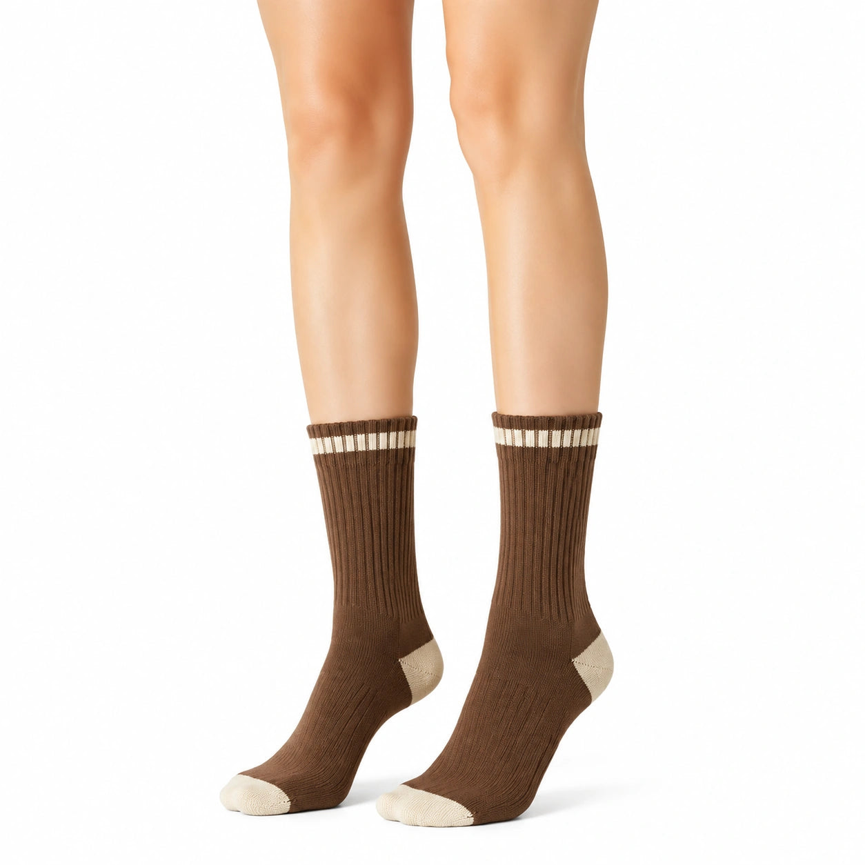 Chaussettes mi-mollet 43-46 en maille marron écru côtelées style sportif