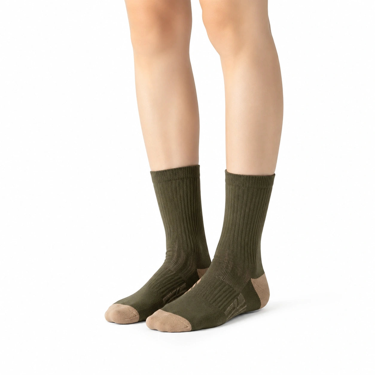 Chaussettes mi-mollet 35-38 en maille vert kaki et beige style côtelé