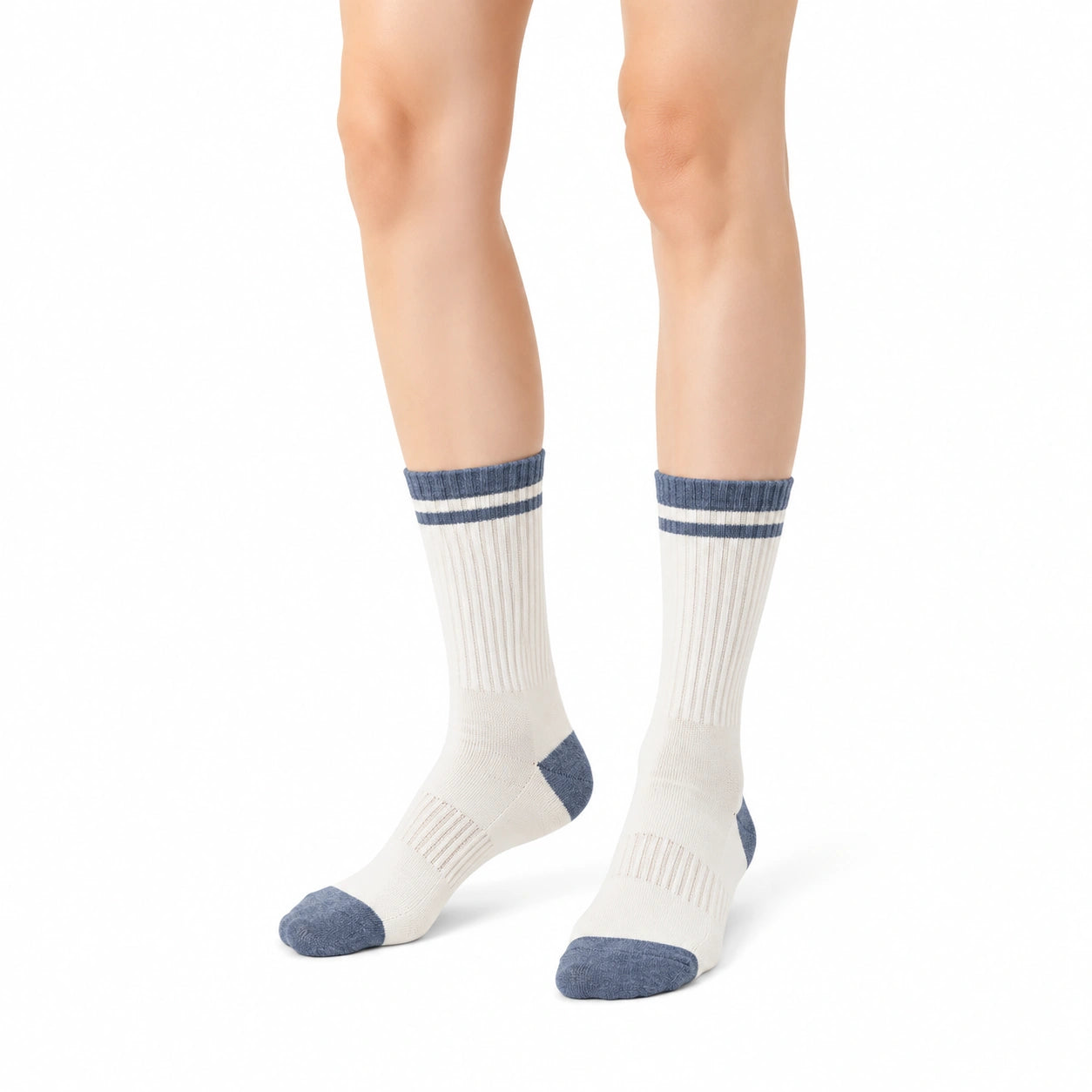 Chaussettes mi-mollet 39-42 écru et bleu côtelées style sport