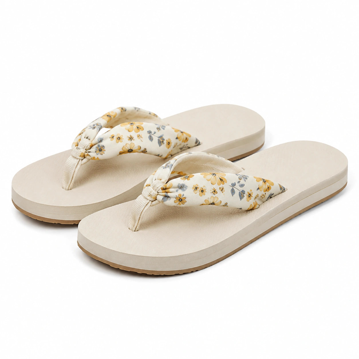 Sandales tongs 42/43 textile floral beige à semelle épaisse confort